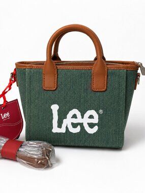 Lee Mini Denim Tote Bag Crossbody Green Canvas Brown Faux Leather NWT